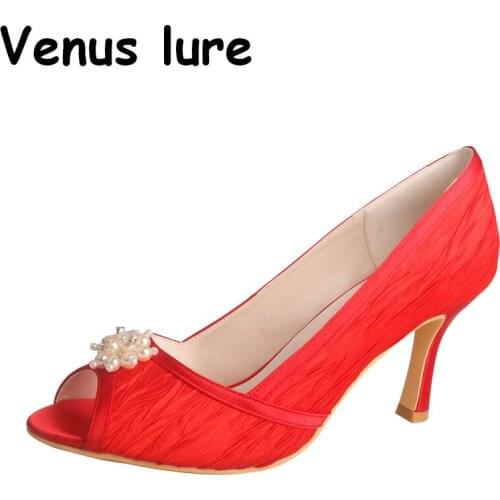 Venus lure High Heel Peep Toe Wedding Party Shoes for Women Red Color Satin