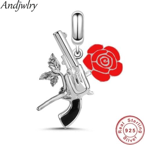 925 Sterling Silver Gun & Rose Flower Dangle Charm Fit Original Pandora Charms Bracelet 925 Siver DIY Jewelry Berloque