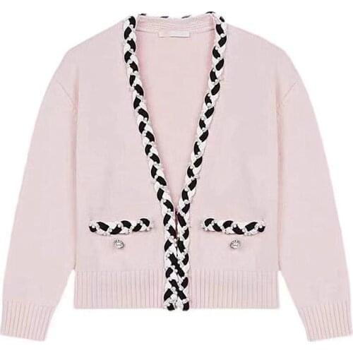 Women Sweater 2021 Spring and Autumn Pink Long Sleeve Twist Stripe Knitted Cardigan Jacket