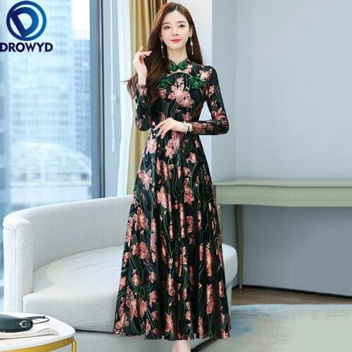 2021 Autumn Winter Vintage Plus Velvet Warm Vestidos Women Bodycon Casual Maxi Dress Party Elegant Red Floral Print Midi Dress