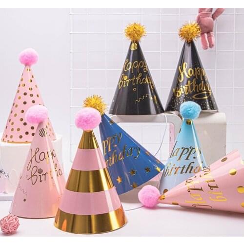 10pcs Happy Birthday Party Paper Hats Paper Cone Hats with Pom Poms Caps Kids Birthday Games Fancy Dress Party Decorations Hats