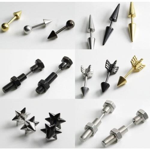 2pcs punk Arrow Round Ball Spike Cone Tip titanium steel Men Screw Back (pierced) stud earrings