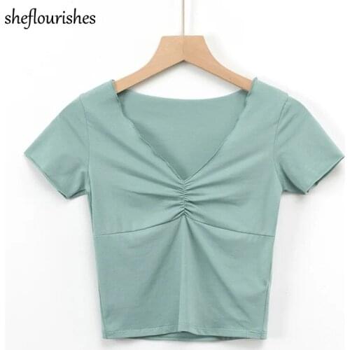 2021 Short sleeve t shirt women summer v neck top white kawaii woman tshirts solid ruched top pink black t shirt slim female