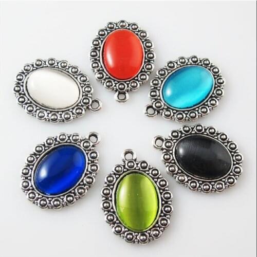 6Pcs Mixed Retro Tibetan Silver Stone Oval Charms Pendants 18x24mm