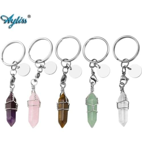 Ayliss 2021 Wholesale Natural Stone Healing Hexagonal Pointed Reiki Chakra Gem Stone Pendant Keychain Key Ring for Women Girls