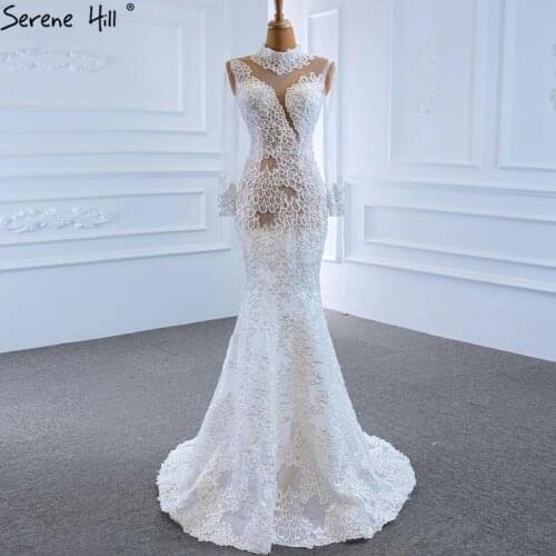 Serene Hill White Mermaid Sexy Evening Dress 2020 Long sleeves Beading High-end Wedding Party Wear Gown CHM67195