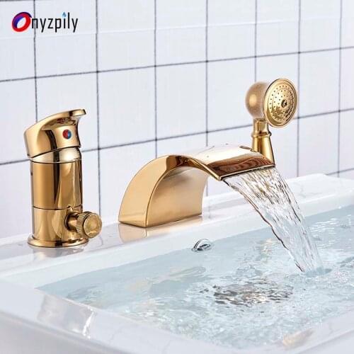 Free Shipping 3 pcs Golden Brass Deck Mounted Bathroom Mixer Tap Bath Basin Sink Vanity Faucet Water Tap Bath Faucets