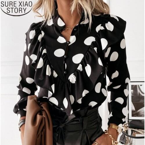 Fashion Dot Bloouse Women Elegant Ruffles Shirts 2021 Office Lady Chiffon Shirts Spring Long Sleeve V-neck Blouses Tops 12253