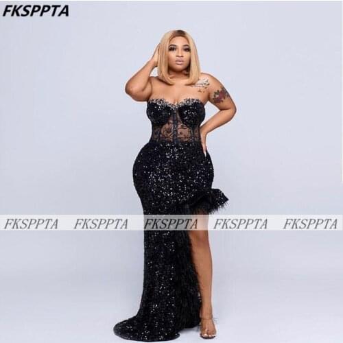 Black Mermaid Long Sparkly Prom Dresses With Slit Sweetheart Illusion Crystal Sequin African Women Birthday Party Prom Gowns