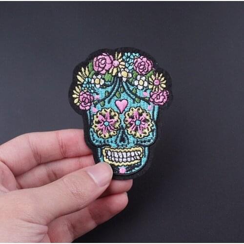 Pulaqi Flower Skull Patches Iron On Clothes Hat T-shirt Overcoat Punk Style Patch For Men Kids Women Decoration F