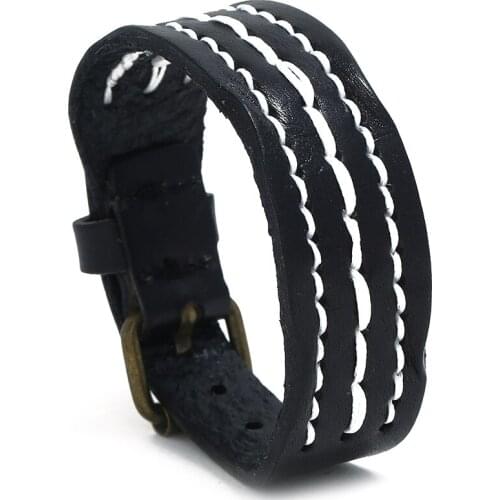 Jessingshow Retro Vintage Punk Style Men Bracelet Wide Genuine Leather Adjustable Wrap Handmade Bangles for Women Jewelry