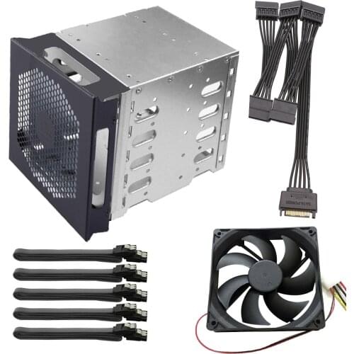 XT-XINTE 5x 3.5" HDD Hard Drive Cage Rack SAS SATA Hard Drive Disk Tray Caddy w/ 12cm Fan 15Pin 4Pin SATA Cable for PC Computer