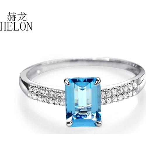HELON Solid 14K White Gold 6x8mm Emerald Cut Blue Topaz & Diamonds Engagement Ring For Women Birthday Anniversarry Best Gift