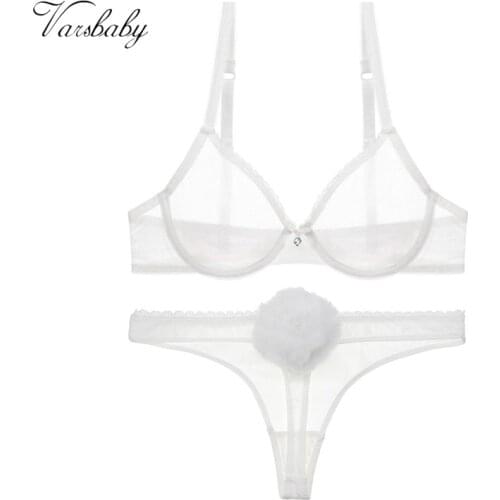 Varsbaby Sexy Lace Panties Womens Rabbit Tail Bra Set Womens Thong plus size Underwear