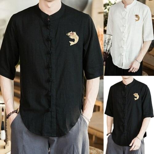 Chinese Style Mens Cotton and Linen Embroidered Jacket 2021 Summer New Short-Sleeved Fashion Disc Button Tang Suit Retro Shirt