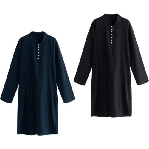 Men Muslim Kurta T-Shirt Long Sleeve Buttons Stand Collar Kaftan Blouse Robe Top