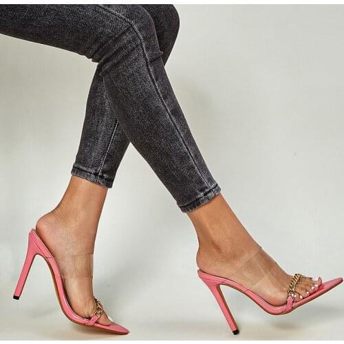 2021 New Fashion Design Slip On Transparent Mules Slippers Trendy Chain Sandal Shoes Sexy High Heels Sharp Toe Slides Big Size