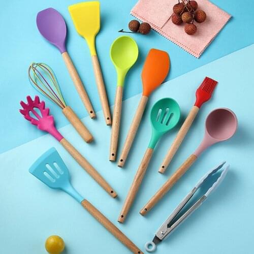 12pcs Silicone Kitchen Utensils Set Wooden Handle Spatula Spoon Tongs Egg Beater Holder Cookware Kitchenware Cooking Tools