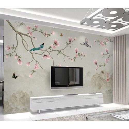 XUE SU Custom wallpaper mural new Chinese style simple hand-painted jade hall rich flowers and birds TV background wall