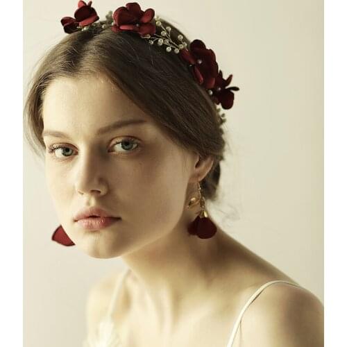 Romantic Sweetheart Bridal Headdress Alloy Leaves Red Cloth-Rose Flower Headband for Wedding Perform Travel O859