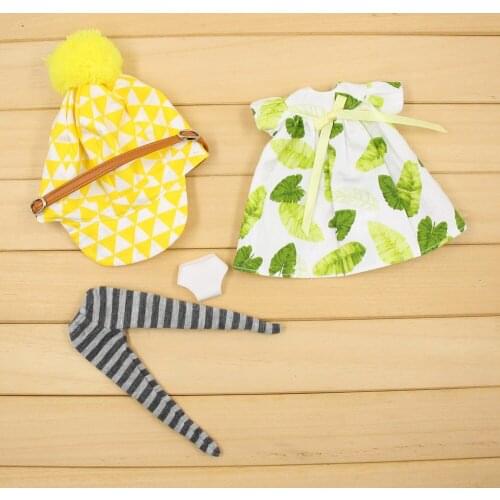 Blyth 1/6 Doll Clothes Leaves Printing Dress with Yellow Hat stockings underwear Joint Normla Body Outfit 30cm ICY Licca