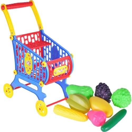 Plastic Supermarket Shopping Cart Basket with Food, Kids Toddler Role Pretend Play Toy Fancy Children Birthday Gift - 48x27x53cm