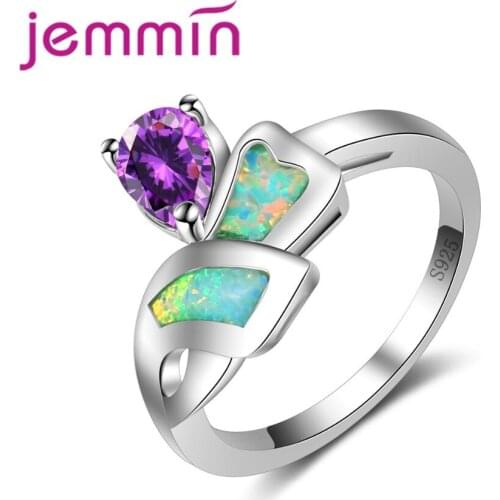 Unique Irregular Shape Corss Blue Fire Opal Band with Purple CZ Water Drop Crystal Real 925 Sterling Silver Jewelry for Women