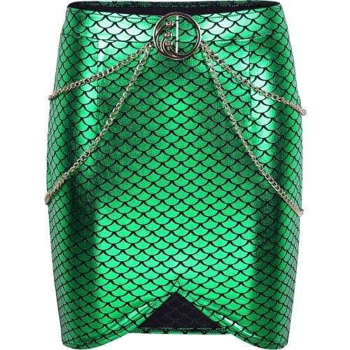 Women Sexy Mermaid Skirt Adult Fashion Shiny Fish Scale Bodycon Metallic Waist Chain Mini skirts Club Pool Party Role Costume