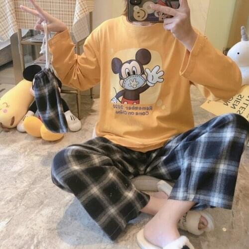 Womens Mickey Cartoon Cute Pajamas Set Top Shirts Pants Kawaii Homewear Suit Female Autumn Winter Korean Sleepwear Suits Disney