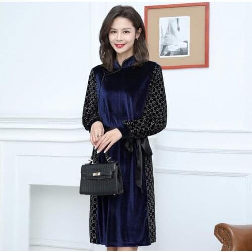 Autumn and winter new velvet splicing stand collar long sleeve Mongolian Ethnic flavor woman casual special Bottoming dress robe