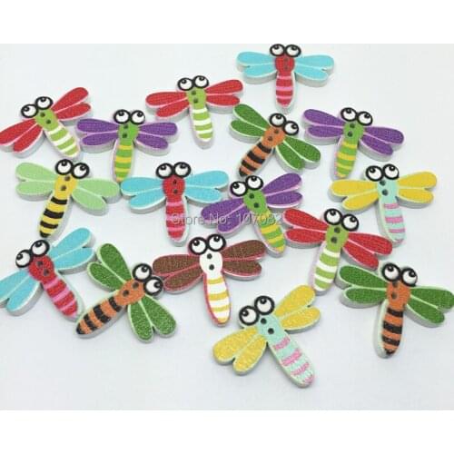 100pcs Mixed Dragonfly Wood 2 Holes Cartoon Buttons for Scrapbooking 25x20mm Baby Sewing Button Embellishments Crafts