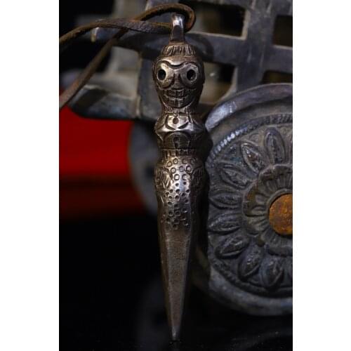 4"Nepal Buddhism Old Tiantie Skull owl head Pendant Dorje Vajra Phurpa Town House Exorcism Ward off evil spirits