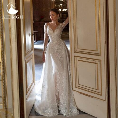 Aedmgh Mermaid Wedding Dresses 2021 Sweetheart Long Sleeve Detachable Train Vestido De Novias 2 In 1 Appliques Bridal Gowns