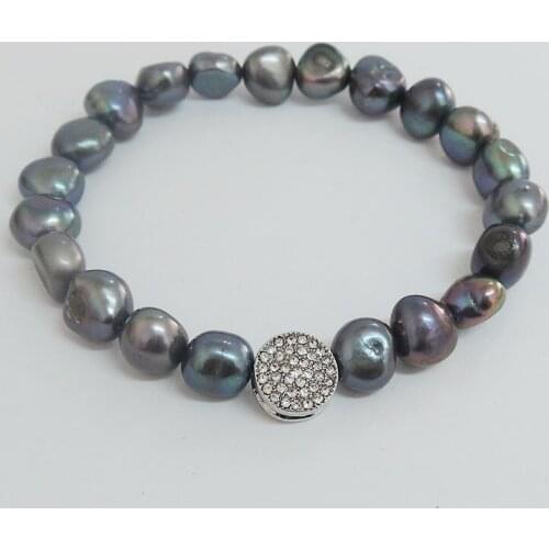 100% nature freshwater pearl bracelet with nice crystal accessory .nice hanger,big baroque pearl bracelet .black pearl bracelet