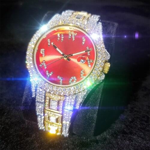 MISSFOX Arabic Digital Red Dial Watches Men Iced Out Luxurious Mans Watch Stainless Steel Round Fashion Party Quartz Men Watch
