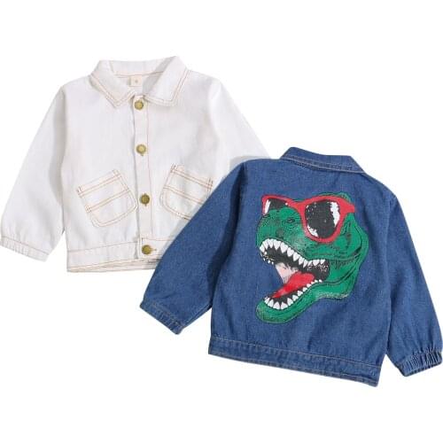 Baby Kid Girls Boys Denim Jacket Spring Autumn Button-down Dinosaur Print Long Sleeve Lapel Outerwear with Pockets 1-4Years