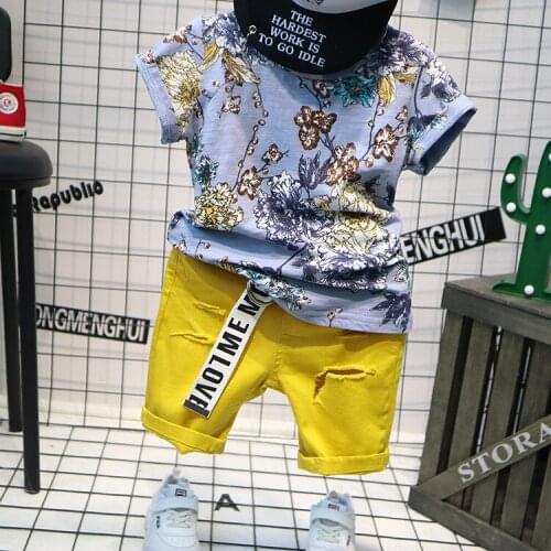 Retail New Baby Boy Floral T-shirt Jeans Two-piece boys sets 2018 toddler girls summer clothing baby clothes