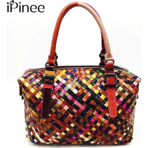 IPinee Women Handmade Woven Bag Luxury Genuine Leather Shoulder Bag Lady Fashion Crossbody Handle Casual Handbag