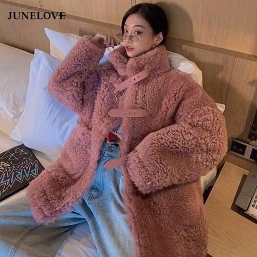 JuneLove Women Casual Thick Warm Fur Shearling Outwear Vintage Long Faux Lamb Fur Jacket Loose Winter Coat Women Faux Fur Coats