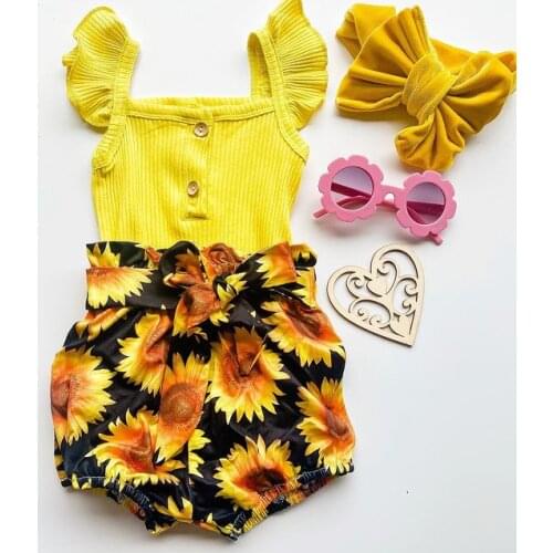 FOCUSNORM 0-18M Newborn Baby Girls Clothes Sets 2pcs Ruffles Sleeve Solid Romper Tops Sunflowers Bow Shorts