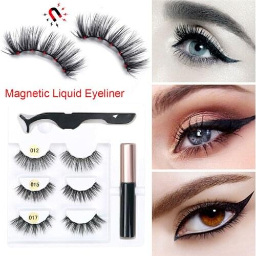 Magnetic Eyelashes & Magnetic Eyeliner & Tweezer Set 3 Pairs 5 Magnet Eyelashes Waterproof Magnet Eyeliner 3D Full Eyelashes