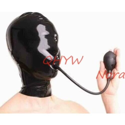 Sexy Latex Hoods Mask Full Head Hood with Mouth Tube Fetish Cosplay Face Mask Club Wear Uniform Fetish Inflatable Gag Hood