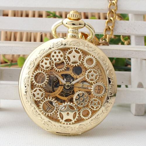 10pcs/lot Hollwed Gold Gear Skeleton Mechanical Roman Dial Pocket Watch with Chain Men Women Pocket Watches 10pcs/lot