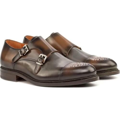 Double Monk Brown Buckle Strap Mens Shoes Fashion Solid Designer Luxury Genuine Leather Handmade Shoes for Men