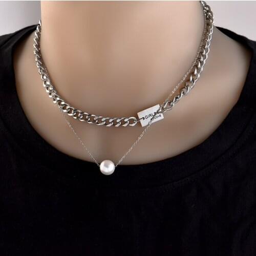 316L stainless ssteel fadeless double laminated pearl square letter necklace 2021 summer new collarbone chain INS tide cold wind
