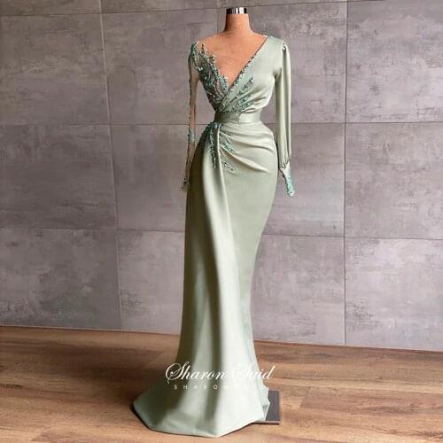 Dubai Mint Green Long Sleeve Evening Desses for Women Wedding Guest Party Gowns 2021 Arabic V-Neck Mermaid Prom Graduation Dress