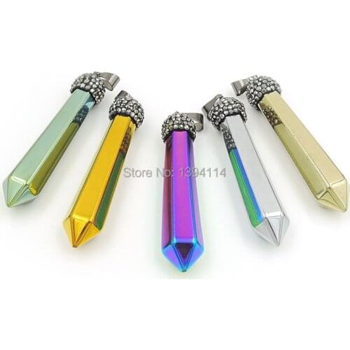 Titanium Hematite Point Pendants Long Hexagon Column Paved CZ Black Gun Plated Approx 55*10mm