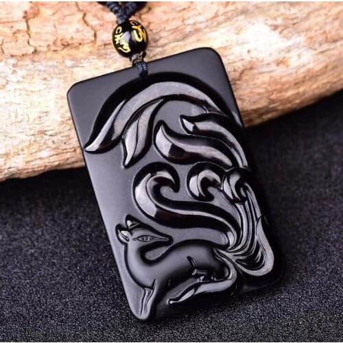 Drop Shipping Natural Stone Pendant Black Nine Taile Fox Lucky Blessing Amulet Pendant Necklace Carved Handwork Crystal Jewelry