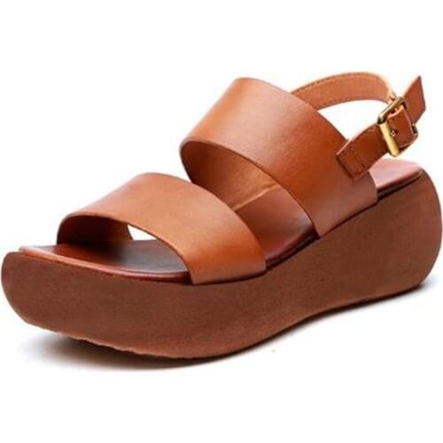 Elegant Comfortable Thick Bottom Wedges Sandals Women Shoes 2019 Newest Retro Summer Sandals Women Genuine Leather Sandals Shoes