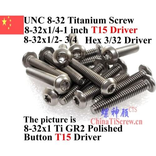 Button Titanium screw 8-32x1/4 8-32x5/16 8-32x3/8 8-32x1/2 8-32x5/8 8-32x3/4 8-32x1 T15 Driver Hex 3/32 Driver Ti GR2 Polished